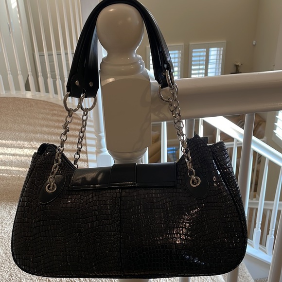 CHARLIE LAPSON BLACK HANDBAG/ SHOULDER BAG WITH SILVER TONE HARDWARE - Picture 9 of 16